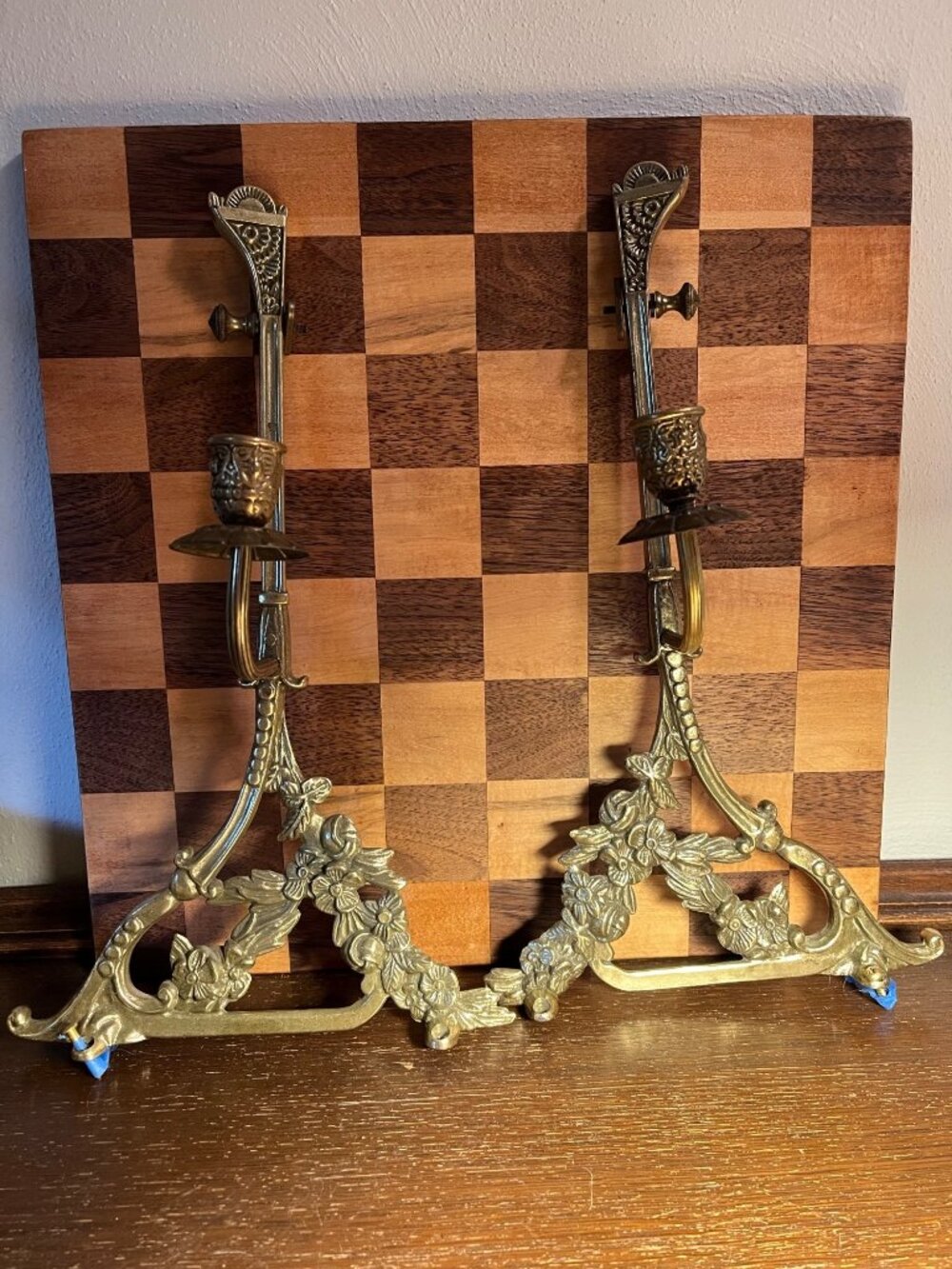 Pair of Ornate Brass Brackets for Holding a Mirror A1175, some missing screws